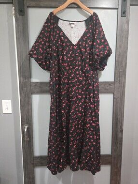 Ava & Viv Black Midi Dress with Red Cherry Print and Puff Sleeves Size 2x